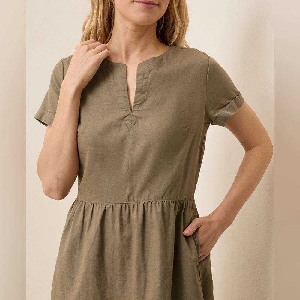 NWOT Pact Organic Canopy Linen Blend Notch Neck Dress in Khaki Green - Picture 2 of 13